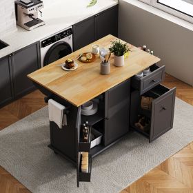 Kitchen Island with Drop Leaf, 53.9" Width Rolling Kitchen Cart on Wheels with Internal Storage Rack and 3 Tier Pull Out Cabinet Organizer (Color: Black, Material: MDF)