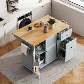 Kitchen Island with Drop Leaf, 53.9" Width Rolling Kitchen Cart on Wheels with Internal Storage Rack and 3 Tier Pull Out Cabinet Organizer (Color: Grey+Blue, Material: MDF)