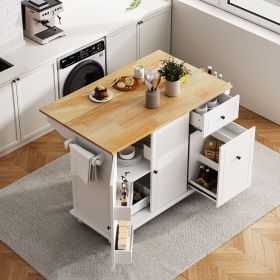 Kitchen Island with Drop Leaf, 53.9" Width Rolling Kitchen Cart on Wheels with Internal Storage Rack and 3 Tier Pull Out Cabinet Organizer (Color: White, Material: MDF)